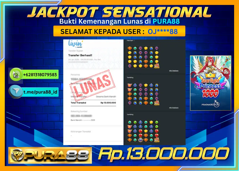 PURA88 JACKPOT STARLIGHT PRINCESS 1000 Rp 13.000.000,- LUNAS